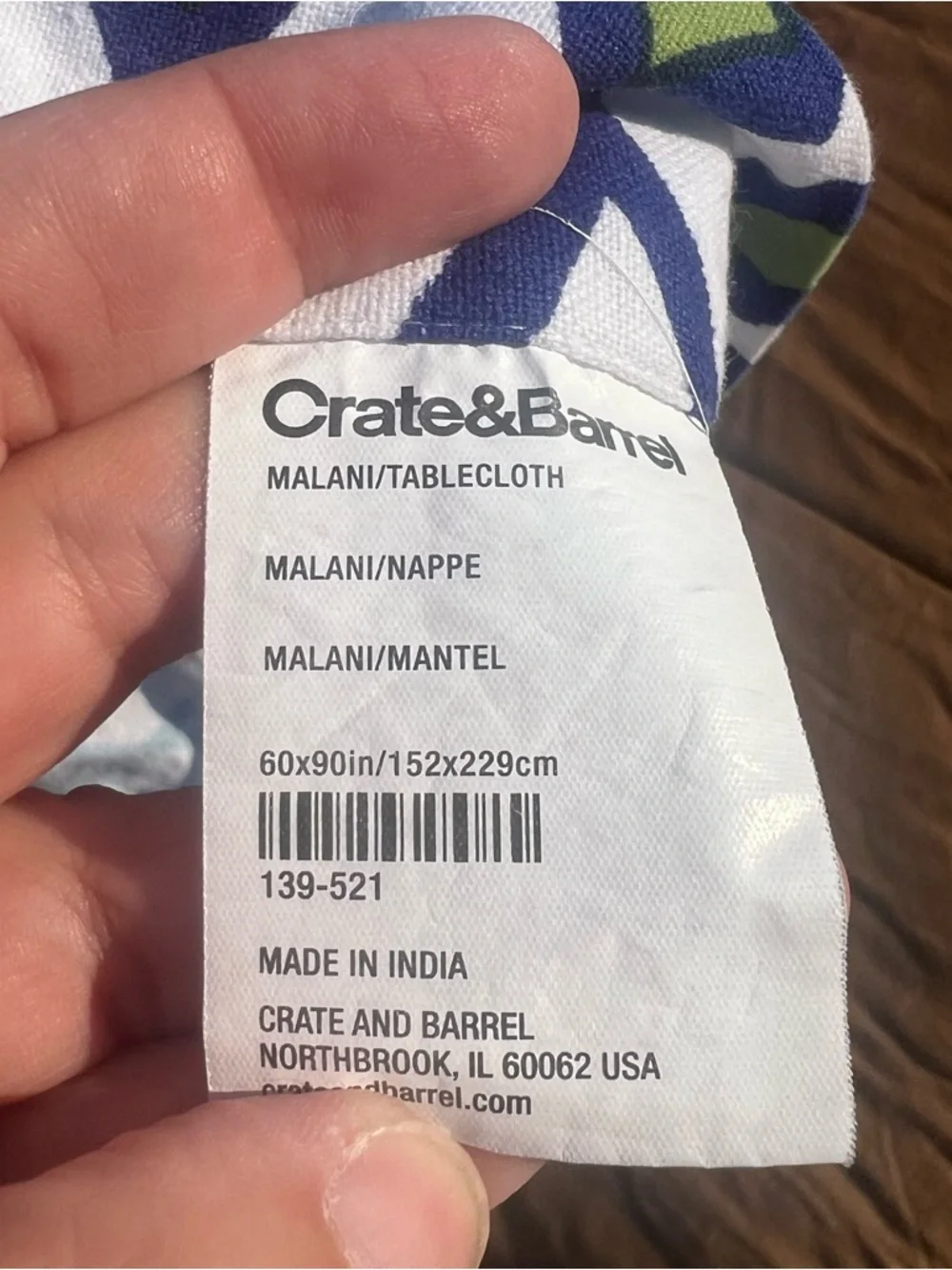 Crate&Barrel Malani Blue/Orange Geometric Tablecloth  60” x 90” Rectangular